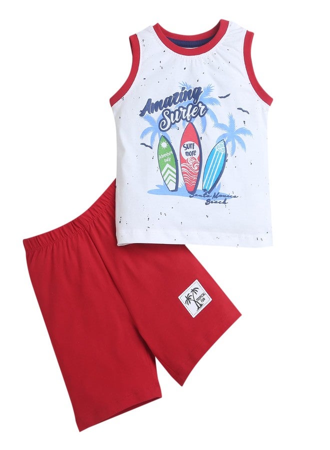BUMZEE Red & White Boys Sleeveless T-Shirt & Short Set Age - 12-18 Months (Peb9122D-red.wht) - Image 1