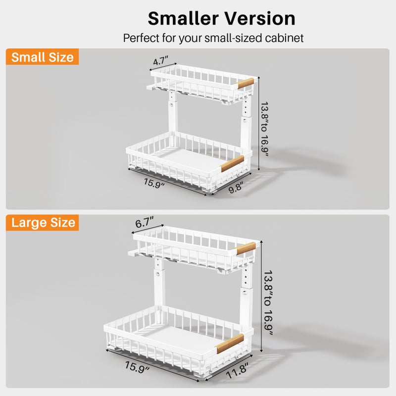 PXRACK(Small Version)1 Pack Under Sink Organizer,Adjustable Height,2 Tier Pull Out Under Cabinet Organizer,Slide Out Thickened Metal Storage Shelf for Kitchen Bathroom Laundry Pantry Cabinet,White - Image 2