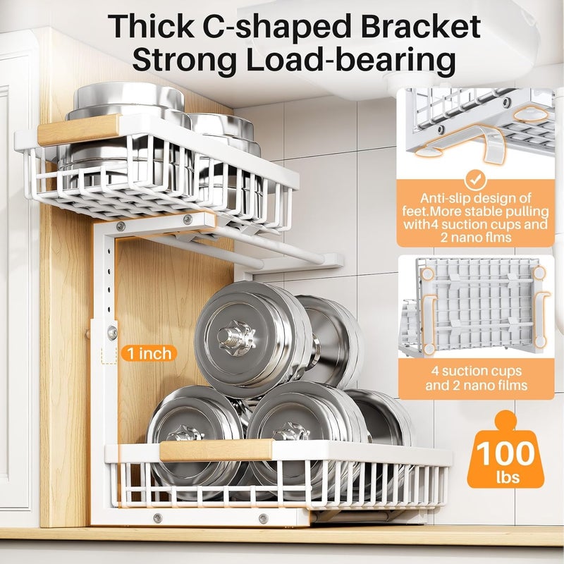 PXRACK(Small Version)1 Pack Under Sink Organizer,Adjustable Height,2 Tier Pull Out Under Cabinet Organizer,Slide Out Thickened Metal Storage Shelf for Kitchen Bathroom Laundry Pantry Cabinet,White - Image 5