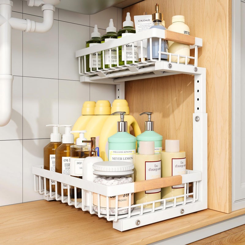 PXRACK(Small Version)1 Pack Under Sink Organizer,Adjustable Height,2 Tier Pull Out Under Cabinet Organizer,Slide Out Thickened Metal Storage Shelf for Kitchen Bathroom Laundry Pantry Cabinet,White - Image 1