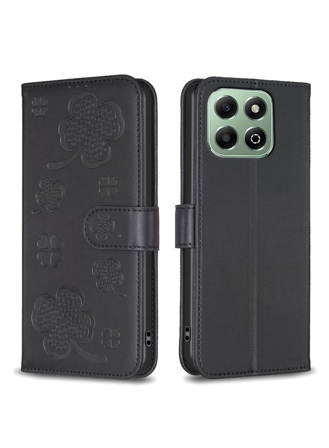 جراب هاتف For Honor X6b من الجلد المنقوش بأربع أوراق (أسود)