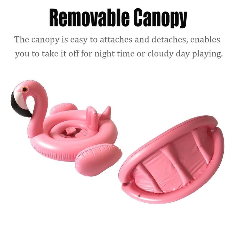 qiaoniuniu Baby Pool Swim Float with Canopy Inflatable Outdoor Swimming Ring Seat, Pink Flamingo Kids Infant Toddler from 12 Months to 48 Months - Image 3