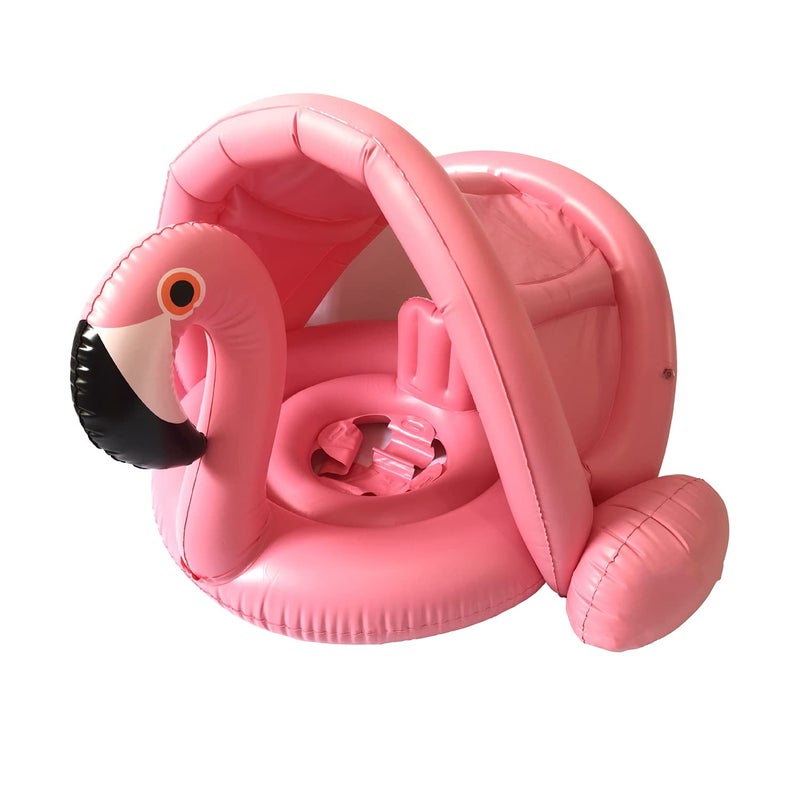 qiaoniuniu Baby Pool Swim Float with Canopy Inflatable Outdoor Swimming Ring Seat, Pink Flamingo Kids Infant Toddler from 12 Months to 48 Months - Image 1