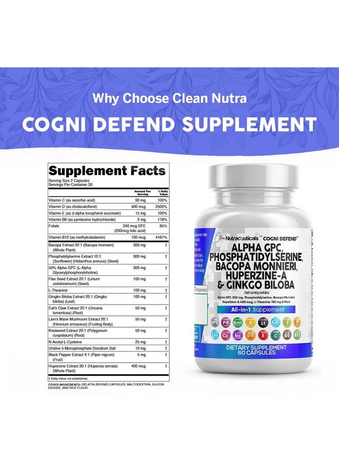 Clean Nutraceuticals Alpha GPC Choline Phosphatidylserine Bacopa Monnieri Ginkgo Biloba Huperzine A Supplement with Urdine Lions Mane Cats Claw NAC Vitamin C B D E - Image 3