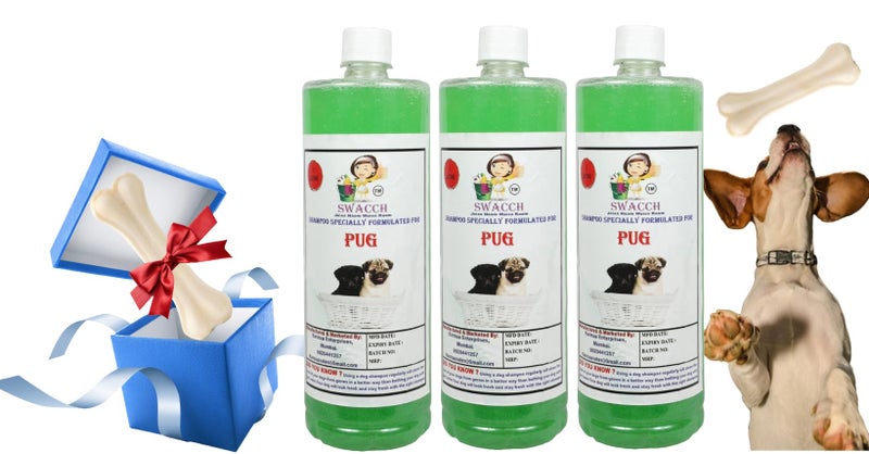 swacch Shampoo | Puppy Safe Shampoo | Pug Dog Shampoo (1 Litre) (Pack of 3) Neem Alovera + Large White Bone | Dog Chew Bones | Teething chew Toy | Dental Teething | Combo Pack - Image 1