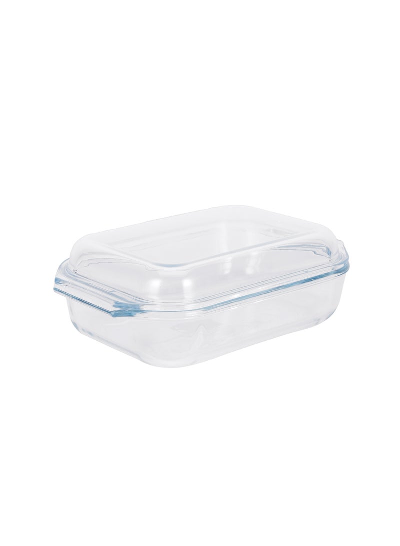 Royalford 1.35 L Glass Baking Dish with Lid-RF12204/ Rectangle Tray Perfect for Baking and Serving/ Casserole with Easy Grab Handles/ Oven, Dishwasher and Freezer Safe Clear - Image 1