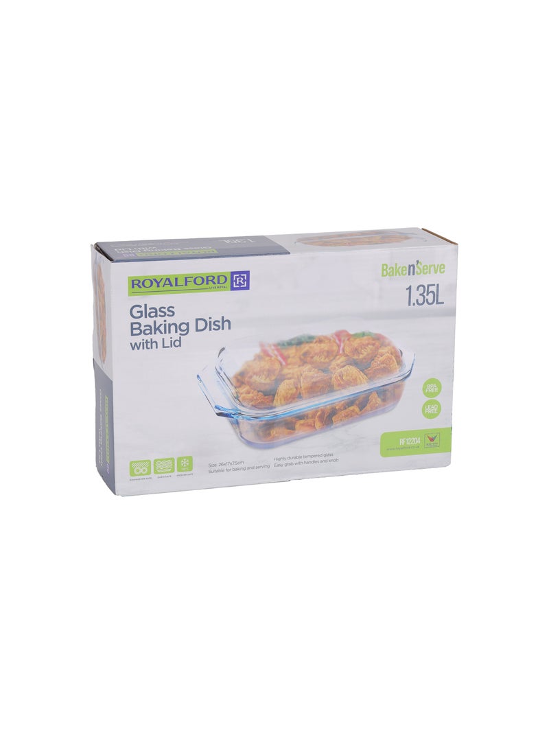Royalford 1.35 L Glass Baking Dish with Lid-RF12204/ Rectangle Tray Perfect for Baking and Serving/ Casserole with Easy Grab Handles/ Oven, Dishwasher and Freezer Safe Clear - Image 5