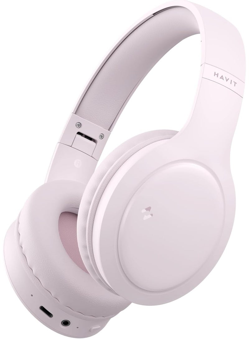 havit H633BT PRO Bluetooth Headset with Active Noise Cancellation, 50-Hour Battery, Dual Device Connection, 40mm Stereo Sound, Wireless Over-Ear Headphones for iPhone, Samsung, Huawei, etc –Pink