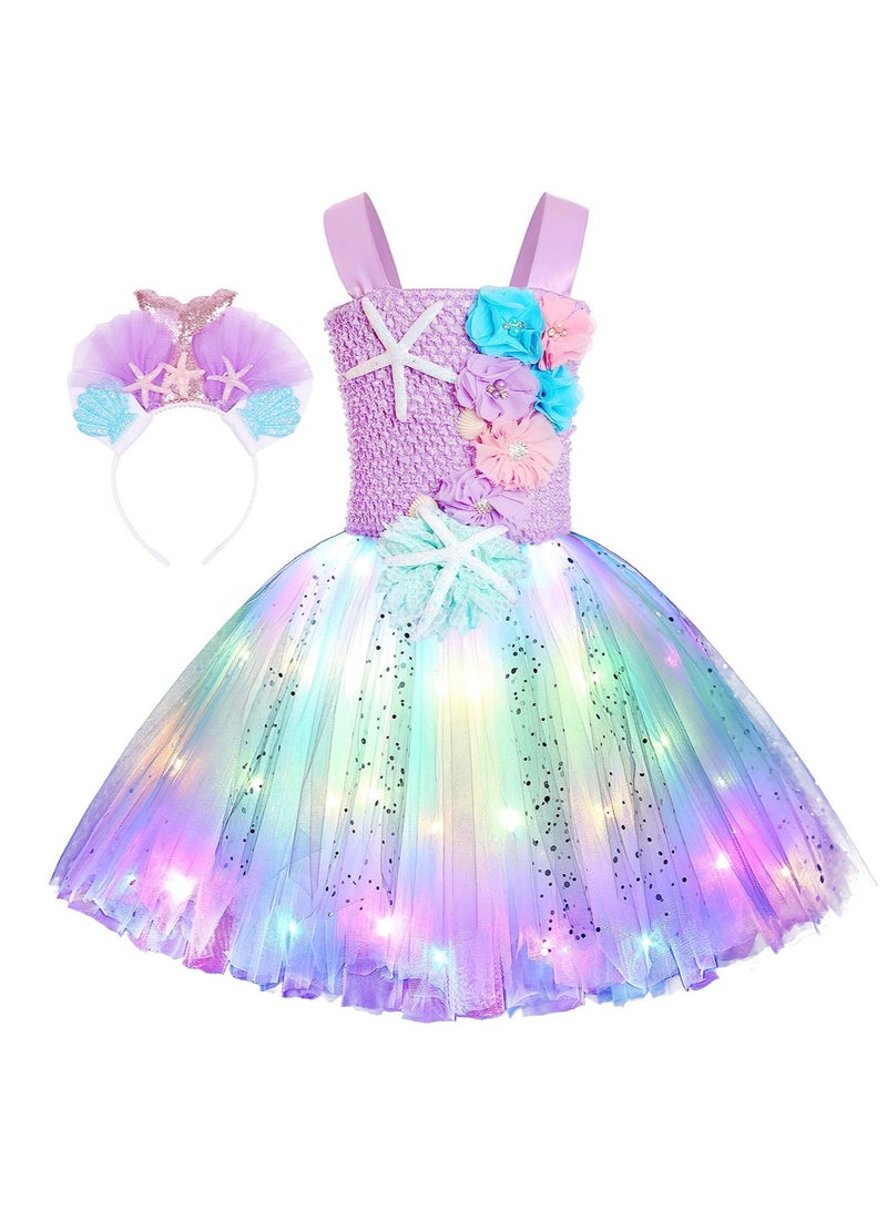 Girl Mermaid Dress, Princess Dress with LED Lights, Dress up Gift Princess Dress Birthday Gift (5-6 Years Old L) - Image 1