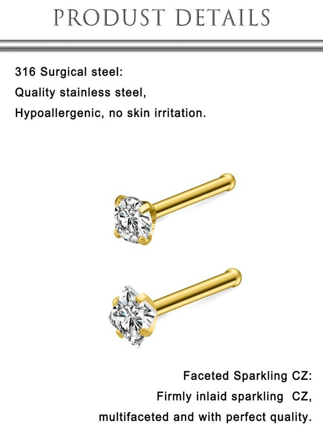 Hoeudjo Nose Studs Surgical Steel Nose Rings Studs Cubic Zirconia 1.5mm 2mm 2.5mm 3mm Gold Hypoallergenic Nostril Ring Straight Nostril Piercing Jewelry for Women Men 18G - Image 3