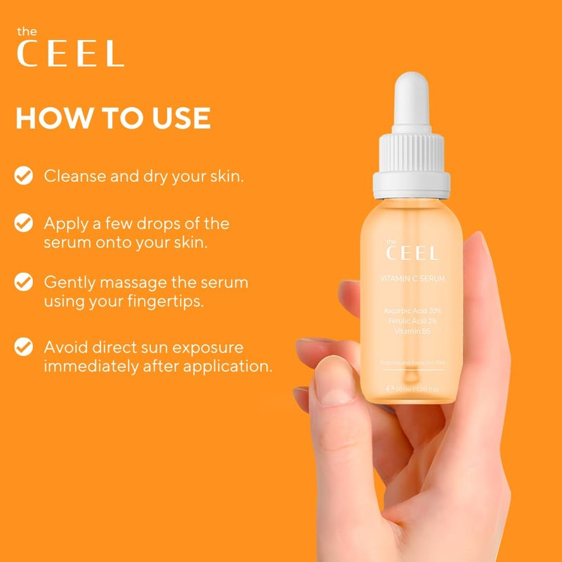 The Ceel 20% Vitamin C Brightening Anti-Aging Serum for Face with Ascorbic, Ferulic Acid & Vitamin B5 - Paraben & Perfume Free Skin Care Formula for Hydration, Wrinkles, Dark Spots, & Radiance - 30ml - Image 3
