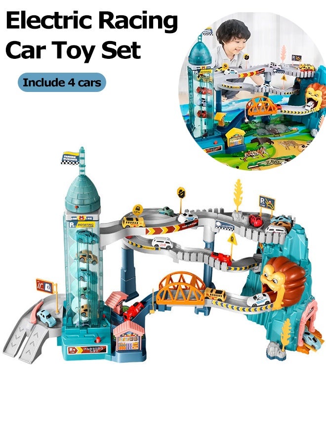 Race Tracks Toys Set,Race Track Vehicle Set,Toy Car Ramp Track Lion Climbing Hills and Lifting Parking Lot with 4 Mini Racer Cars,Kids Race Track Game Car Toy,Kids Race Track Game Car Adventure Toy Construction Electric toy car ,Engineering Road DIY Tracks Birthday Gifts for Kids Boys Girls - Image 1