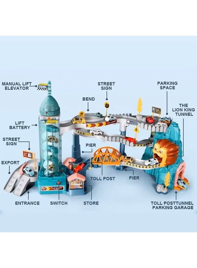 Race Tracks Toys Set,Race Track Vehicle Set,Toy Car Ramp Track Lion Climbing Hills and Lifting Parking Lot with 4 Mini Racer Cars,Kids Race Track Game Car Toy,Kids Race Track Game Car Adventure Toy Construction Electric toy car ,Engineering Road DIY Tracks Birthday Gifts for Kids Boys Girls - Image 3