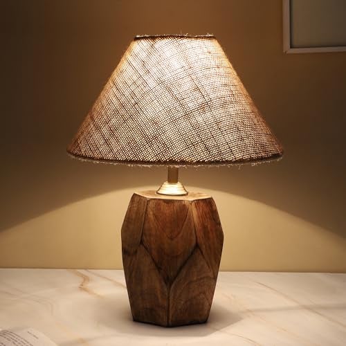tu casa Mangowood Diamondcut Table Lamp for Home Decoration, Bedroom, Living Room, Lounge, Office, Festival Gifting, Study Table (Beige with Jute Shade) H - 13" / No Blub - Image 1