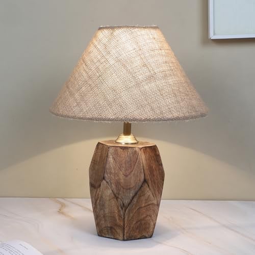 tu casa Mangowood Diamondcut Table Lamp for Home Decoration, Bedroom, Living Room, Lounge, Office, Festival Gifting, Study Table (Beige with Jute Shade) H - 13" / No Blub - Image 3