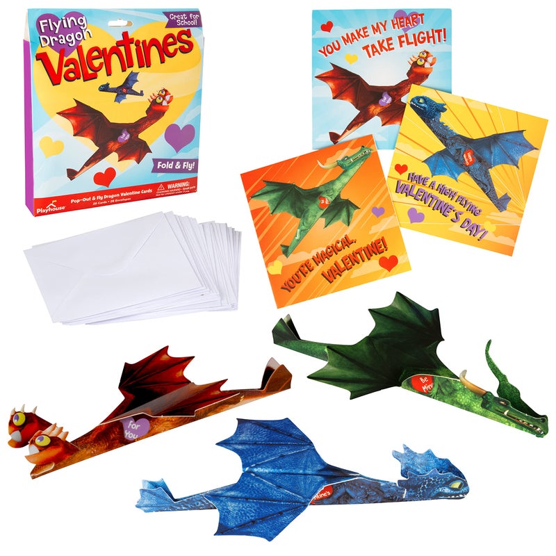 Playhouse Flying Dragons Valentines Day Card Set for Kids 28 Card Pack Envelopes Fold and Fly Paper Airplanes Great for School Classroom Exchange Parties Boys Girls Ages 4 - Image 3