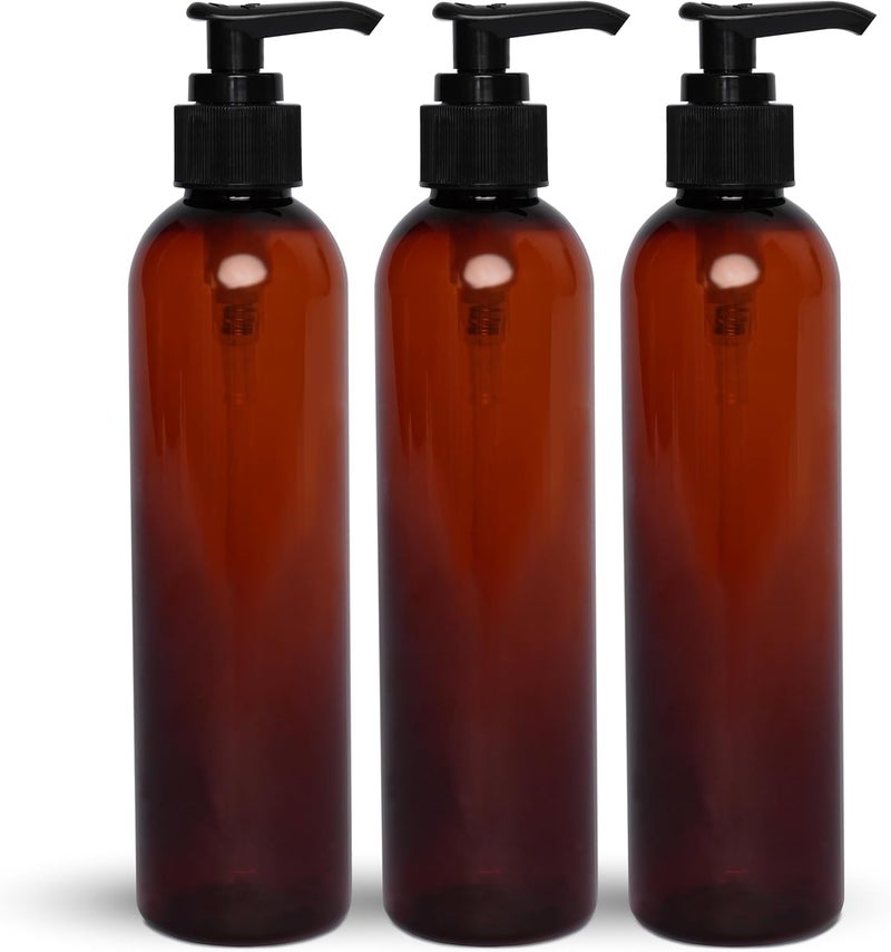 BRIGHTFROM Lotion Pump Bottles, Empty 8 OZ, BPA-Free Refillable Plastic Containers, Amber with Black Dispenser for - Soap, Shampoo, Lotions, Liquid Body Soap, Creams and Massage Oil (3 PACK) - Image 1