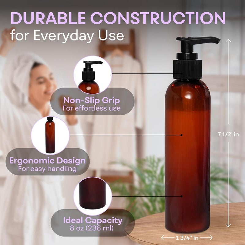 BRIGHTFROM Lotion Pump Bottles, Empty 8 OZ, BPA-Free Refillable Plastic Containers, Amber with Black Dispenser for - Soap, Shampoo, Lotions, Liquid Body Soap, Creams and Massage Oil (3 PACK) - Image 3