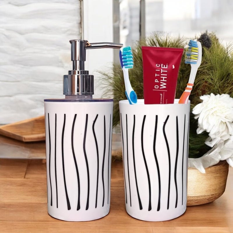 LAGET® Liquid Soap Dispenser for Bathroom, Tooth Brush Holder/Stand/Kitchen 2 Set for Utility and Bathroom Décor (Pack of 2) 250ML White line - Image 1
