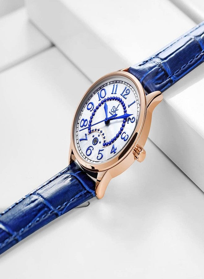 SHENGKE SK Classic Easy Read Watch for Women with Genuine Leather Band Ladies Calendar Watch, Moonlight-Blue, Classic - Image 3