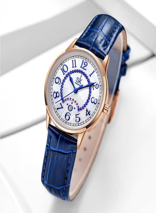 SHENGKE SK Classic Easy Read Watch for Women with Genuine Leather Band Ladies Calendar Watch, Moonlight-Blue, Classic - Image 2