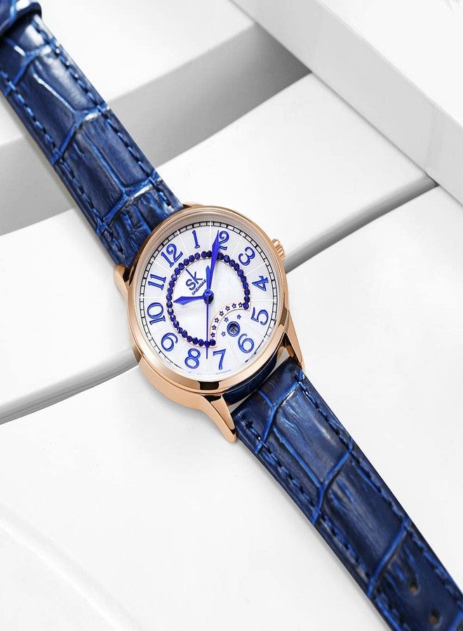 SHENGKE SK Classic Easy Read Watch for Women with Genuine Leather Band Ladies Calendar Watch, Moonlight-Blue, Classic - Image 4