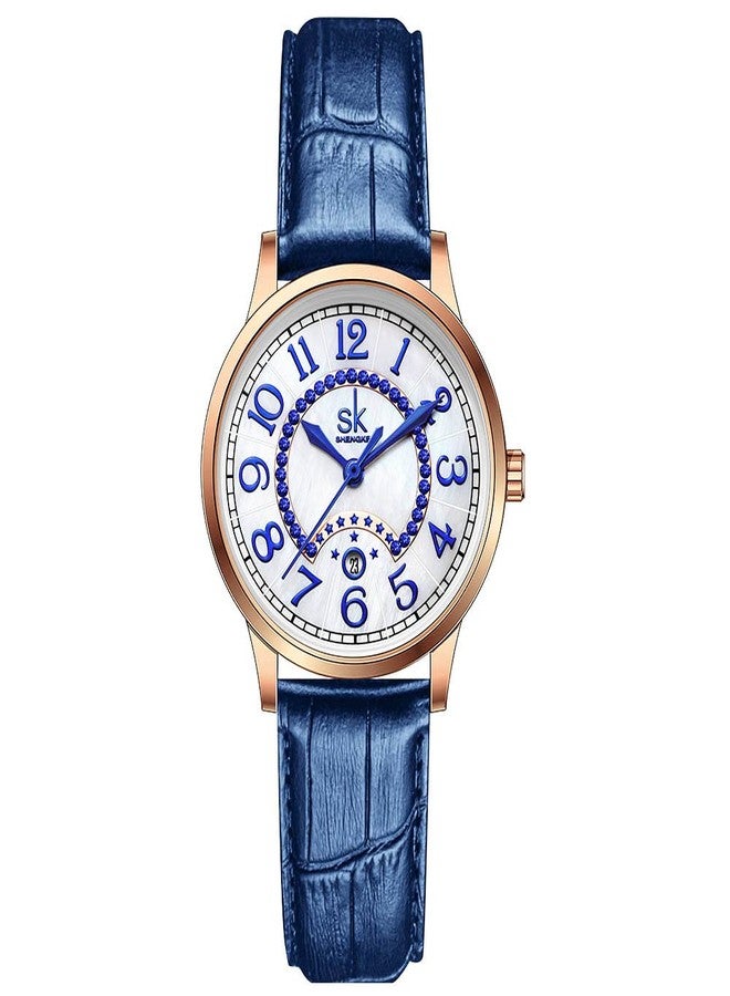 SHENGKE SK Classic Easy Read Watch for Women with Genuine Leather Band Ladies Calendar Watch, Moonlight-Blue, Classic - Image 1