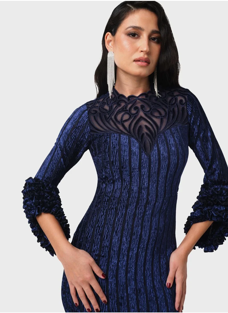 Threadz by Ajooni Embroidered Neck Velvet Dress