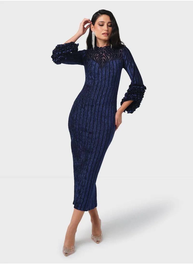 Threadz by Ajooni Embroidered Neck Velvet Dress