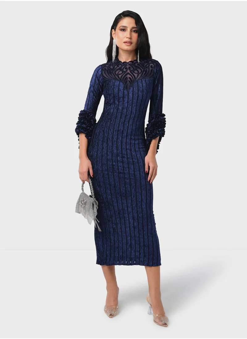 Threadz by Ajooni Embroidered Neck Velvet Dress