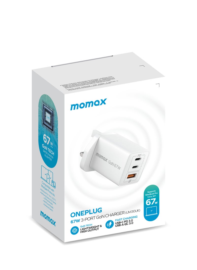 MOMAX GaN Charger, 3 Port 67W USB C, Compact PD 3.0 Charger, High Power Wall Charger for Laptops, MacBook, iPad Pro,Mini, iPhone 15,Pro,Pro Max, White - pzsku/ZF9D3413597FFB71CD11FZ/45/_/1714822917/be8fefe4-fcf1-4e0d-8abe-15c1545a702e