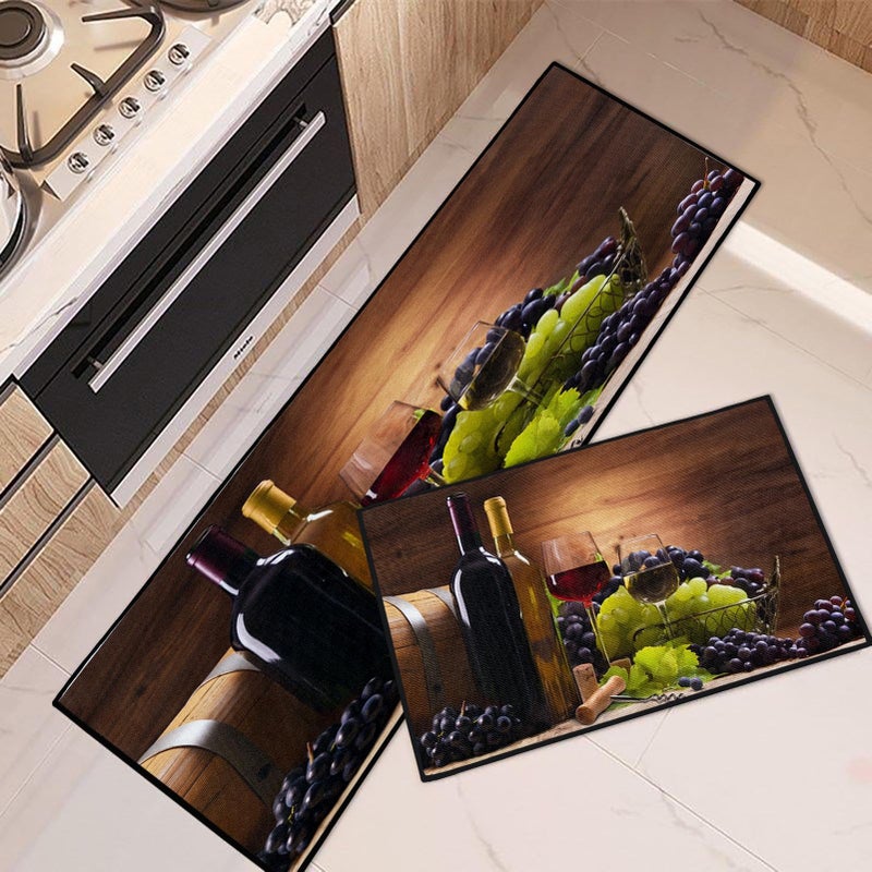 Tayney Red Wine Kitchen Rugs and Mats Non Skid Washable Set of 2 Grapes Wine Glasses Mats for Floor Farmhouse Runner Rug Romantic Kitchen Decor