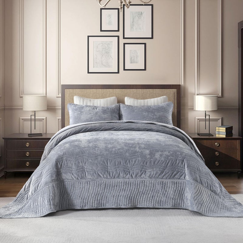 AJOCCI Velvet California King Size Quilt Oversized California Comforter Set Light Blue Bedding Set 118106 with 2 Pillow Shams Luxurious Quilt SetAllSeason 3 Pieces - Image 2