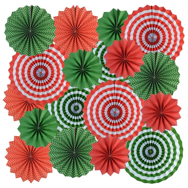 mifengda 18Pc Party Red and Green Paper Fans Merry Christmas Hanging Paper Fans Decorations Round Folding Party Bulk for Christmas Decorations Winter Holiday Wedding Birthday