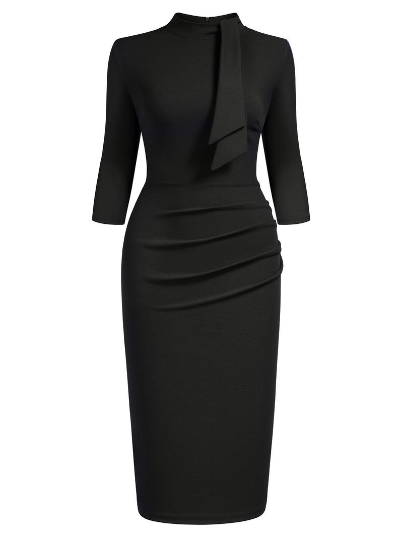 Miusol Women's Retro Half Collar Ruffle 2/3 Sleeve Cocktail Pencil Dress(Small, A-Black) - Image 4