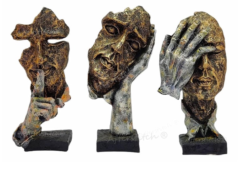 AFTERSTITCH Set of 3 Polyresin Human Face Sculptures Showpieces Three Modern Art 3D Decotaive no Evil Designs Idols for Home Living Room Decoration Gift Human face showpiece - Image 1