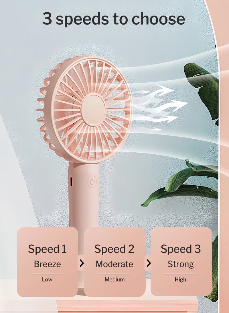 Portable Handheld Fan  USB Rechargeable Mini Fan, Ultra Quiet, 3 Speeds with Phone Holder Base, All Day Battery for Outdoor Indoor (Pink)  - Image 2