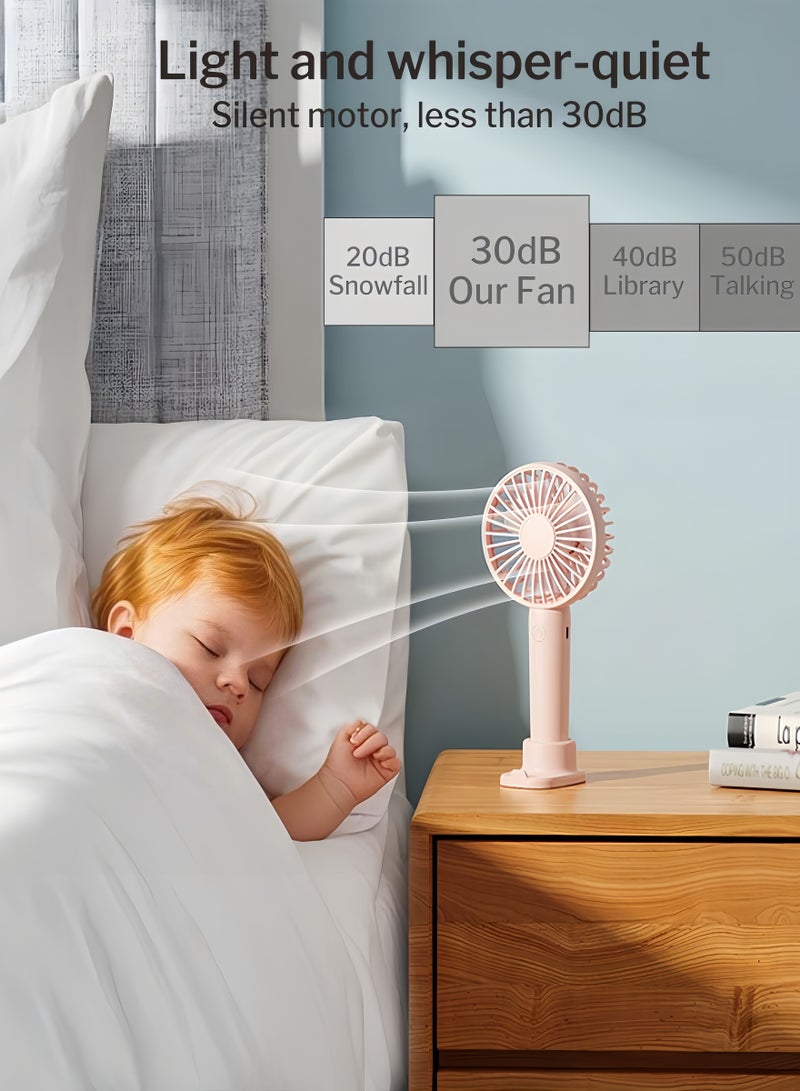 Portable Handheld Fan  USB Rechargeable Mini Fan, Ultra Quiet, 3 Speeds with Phone Holder Base, All Day Battery for Outdoor Indoor (Pink)  - Image 3