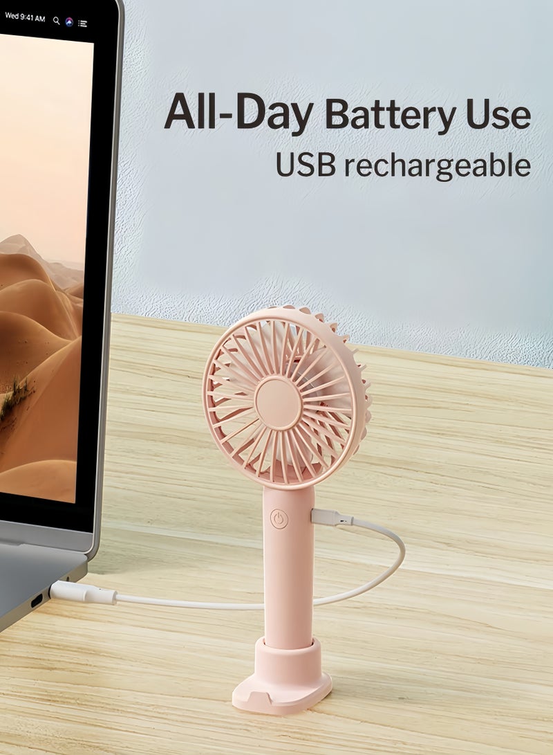 Portable Handheld Fan  USB Rechargeable Mini Fan, Ultra Quiet, 3 Speeds with Phone Holder Base, All Day Battery for Outdoor Indoor (Pink)  - Image 4
