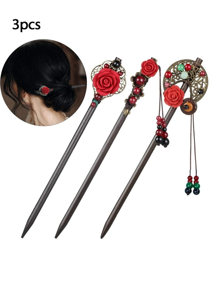 3 Pieces Chinese Hair Stick Japanese Retro Wooden Hairpin Flower Hair Chopsticks Handmade Classic Geisha Hair Accessories Clips for Long Hair - Image 1