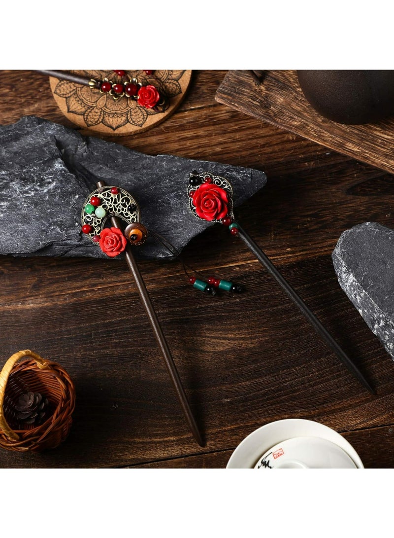 3 Pieces Chinese Hair Stick Japanese Retro Wooden Hairpin Flower Hair Chopsticks Handmade Classic Geisha Hair Accessories Clips for Long Hair - Image 2