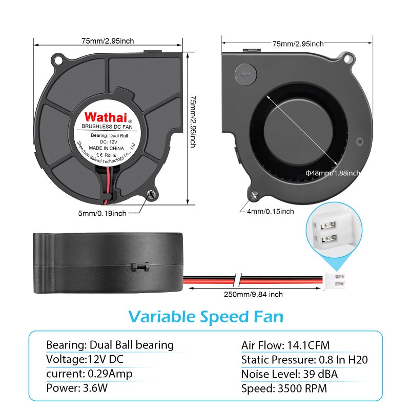 Wathai 75mm x 30mm 12V Blower Cooling Fan Dual Ball 12 Volt DC Centrifugal Fan 2pin for Amplifier RV Fridge Computer Case Ventilation or Project Replacement Part kit - Image 2