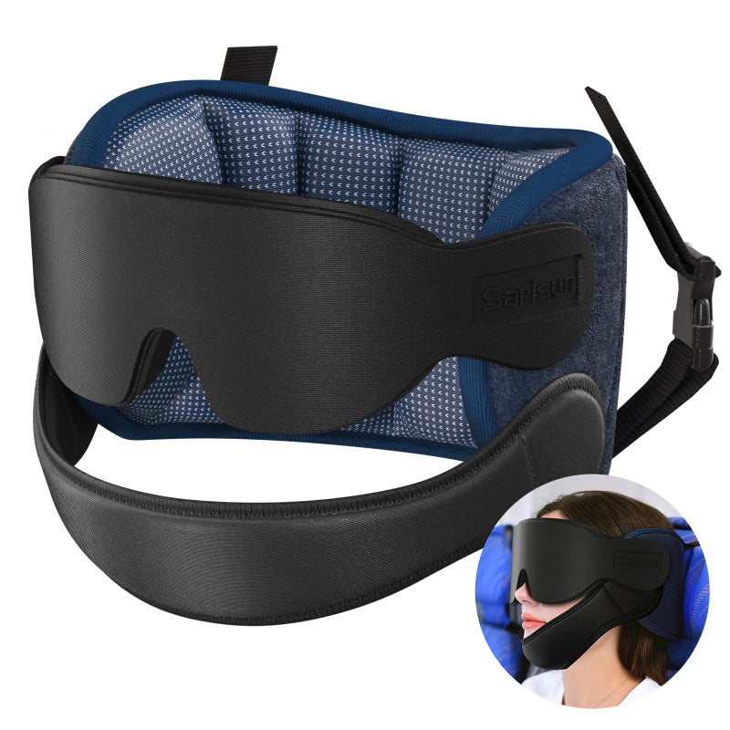 SARISUN Travel Pillows for Airplanes with Sleep Eye Mask, Chin Strap, Airplane Pillow for Long Flights, Car Road Trip, 360Â° Support Headrest, Travel Essentials Stop Bobblehead, Mottled Blue - Image 1