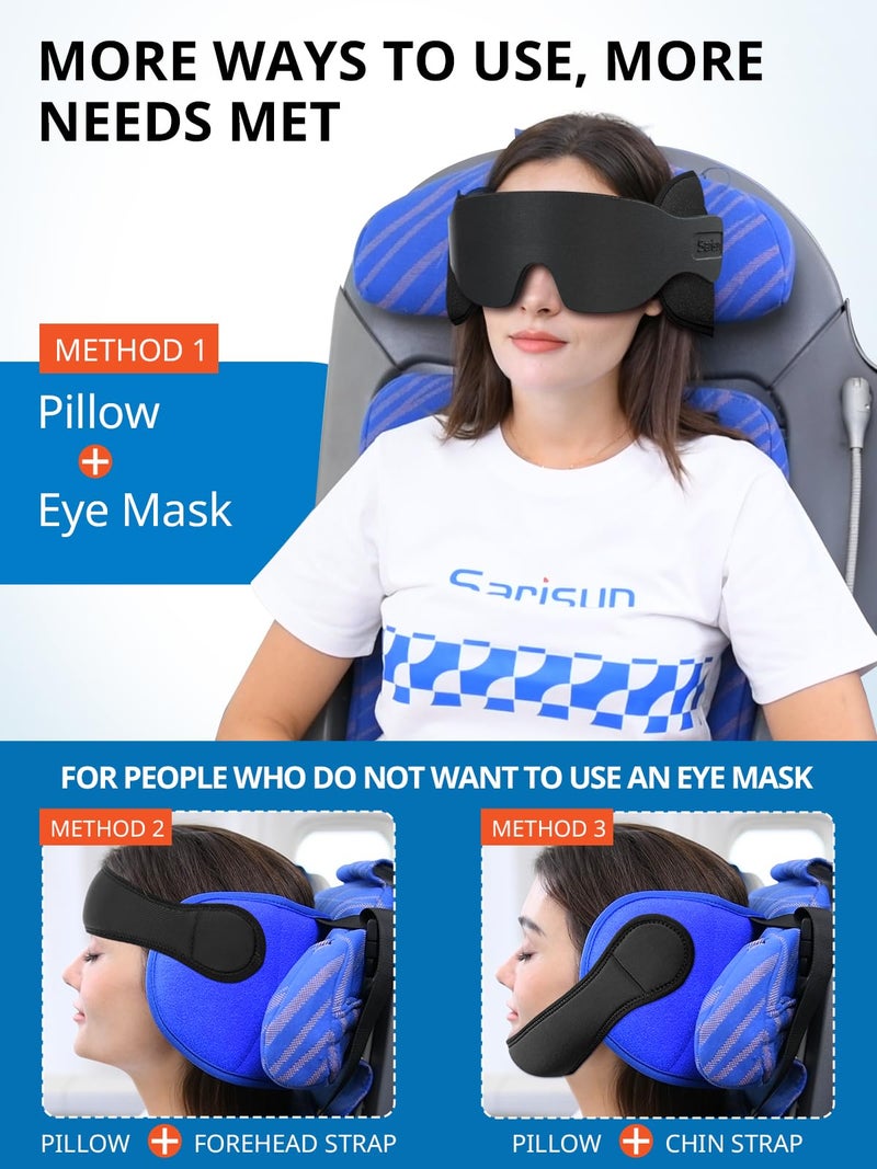 SARISUN Travel Pillows for Airplanes with Sleep Eye Mask, Chin Strap, Airplane Pillow for Long Flights, Car Road Trip, 360Â° Support Headrest, Travel Essentials Stop Bobblehead, Mottled Blue - Image 2