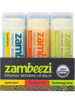 Organic Fair Trade Beeswax Lip Balm  Variety 3 Pack Suncare Tangerine and Lemongrass  Ethically Sourced