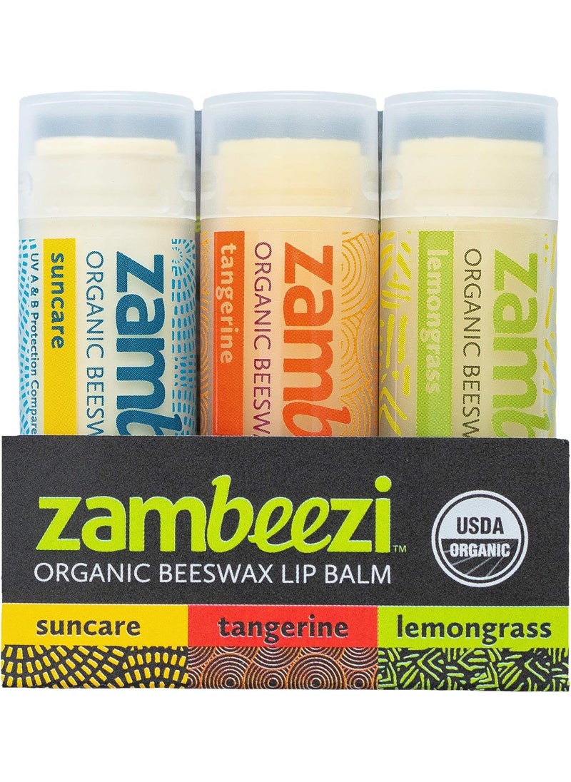 Zambeezi - Organic Fair Trade Beeswax Lip Balm  Variety 3 Pack Suncare Tangerine and Lemongrass  Ethically Sourced - Image 1