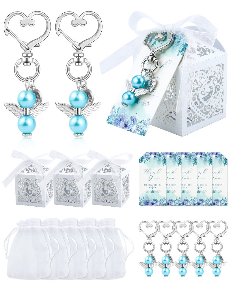 YETOOME 100 Pcs Baby Shower Favors for Boys Angel Keychains Favor Baptism Favor Boxes White Organza Bags with Drawstring Thank You Tags for Baby Shower Baptism Party Gift 25 Sets Blue - Image 2