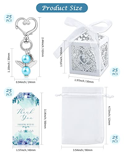 YETOOME 100 Pcs Baby Shower Favors for Boys Angel Keychains Favor Baptism Favor Boxes White Organza Bags with Drawstring Thank You Tags for Baby Shower Baptism Party Gift 25 Sets Blue - Image 3