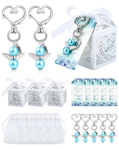 YETOOME 100 Pcs Baby Shower Favors for Boys Angel Keychains Favor Baptism Favor Boxes White Organza Bags with Drawstring Thank You Tags for Baby Shower Baptism Party Gift 25 Sets Blue - Image 1
