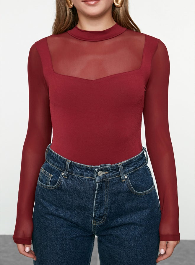 trendyol Stretchy Tulle Detailed Burgundy Knitted Body - Long Sleeve, Stand Collar, Body Fitting - Image 3
